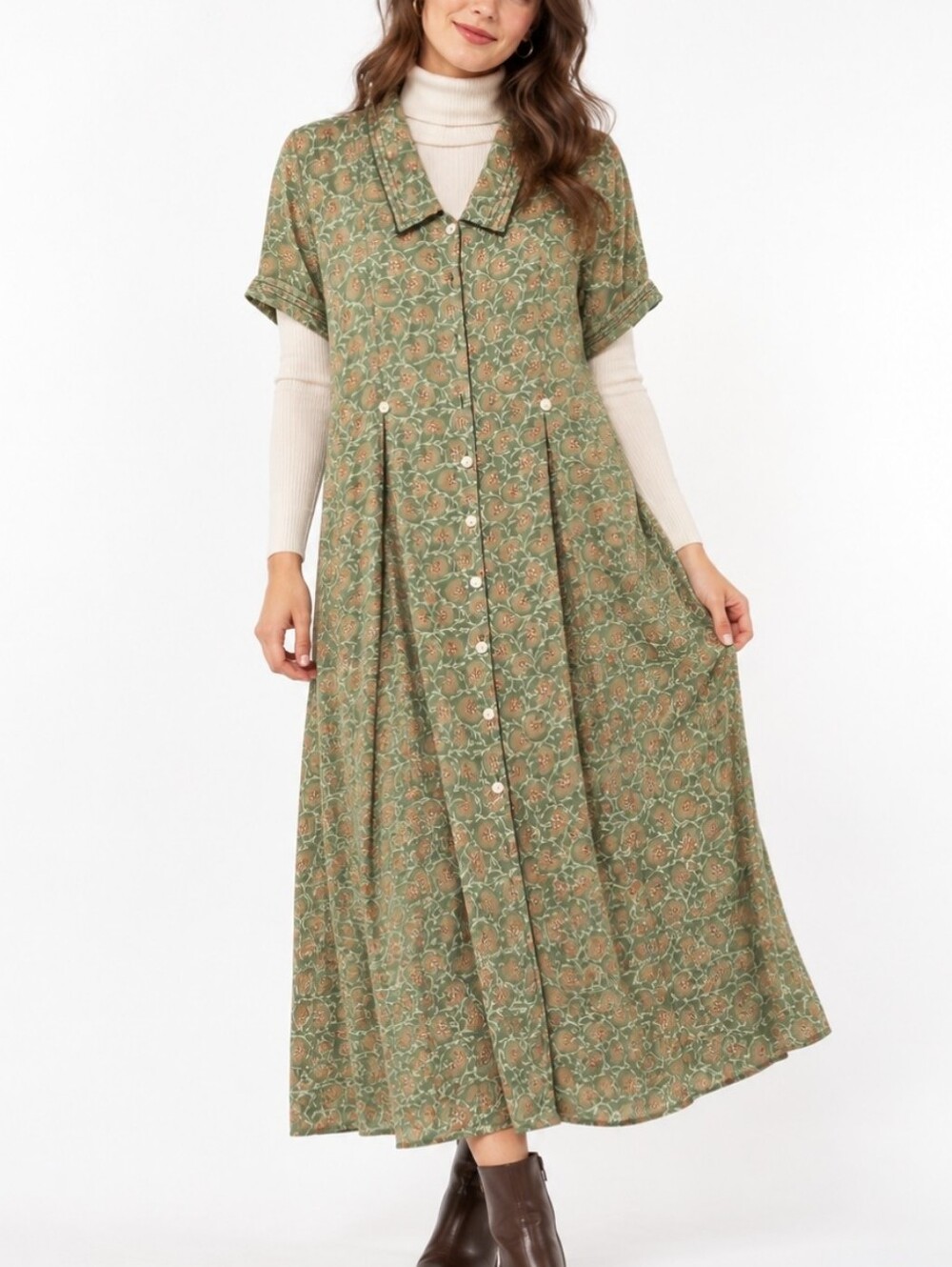 Vintage April Too by April Cornell Sage Floral Rayon Button Front Maxi Dress OS